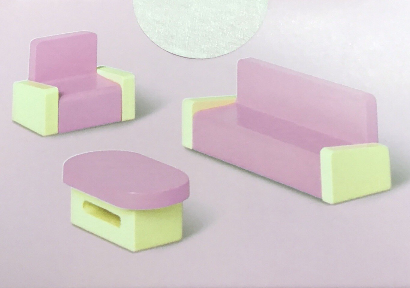 DOLLS HOUSE FURNITURE 2 chairs, sofa and table, sofa 9 cm long 