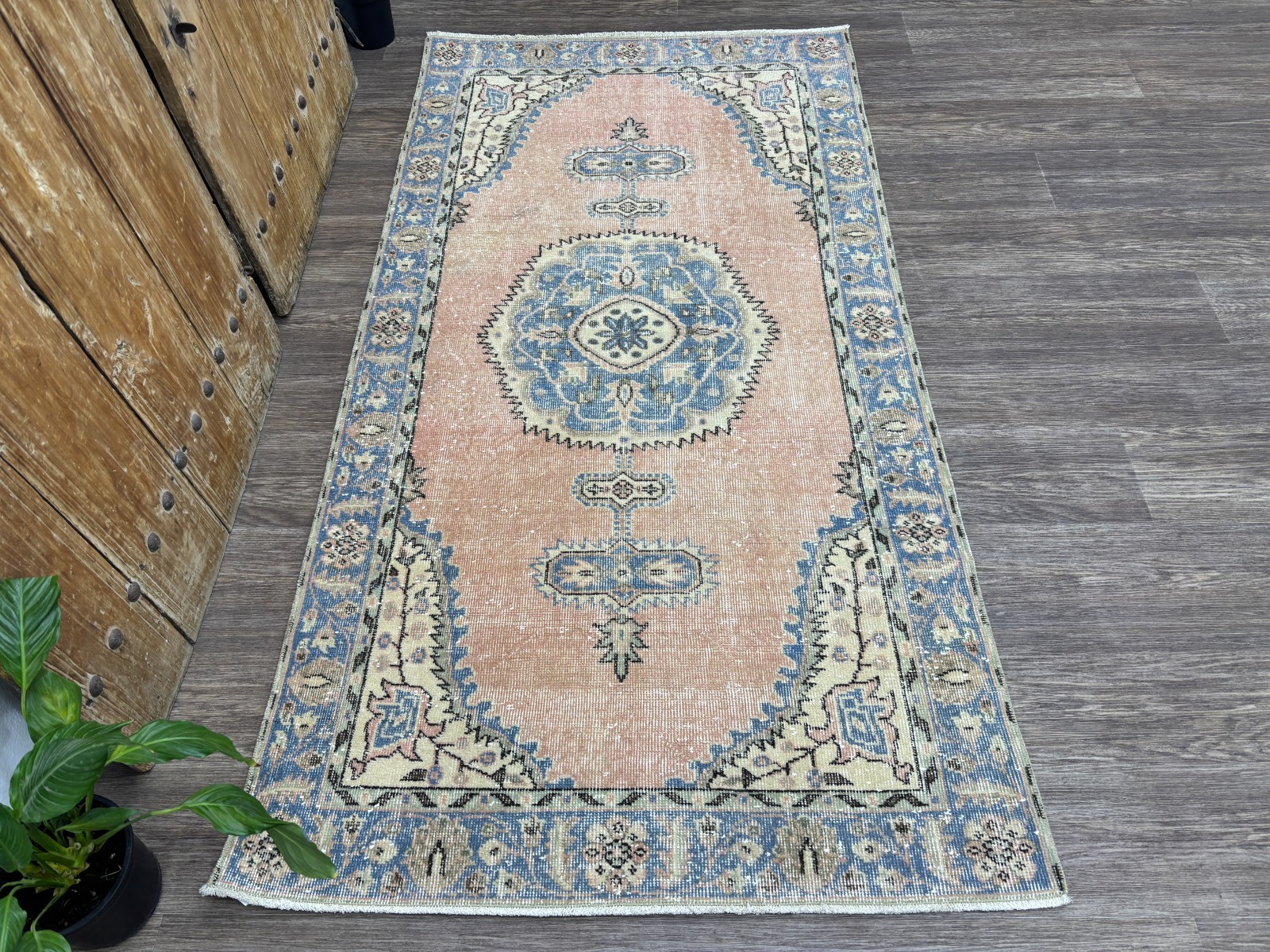 3x7 Vintage Turkish Runner, Hand-knotted Wool Salmon & Blue Small Hallway Rug