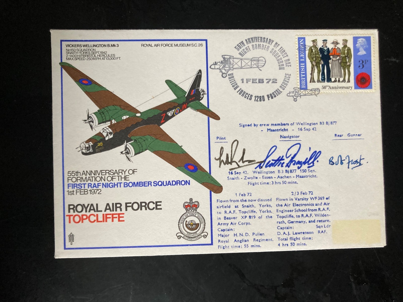 RAF Topcliffe cover Signed by 1942 Wellington Crew which was Shot Down. SC26d