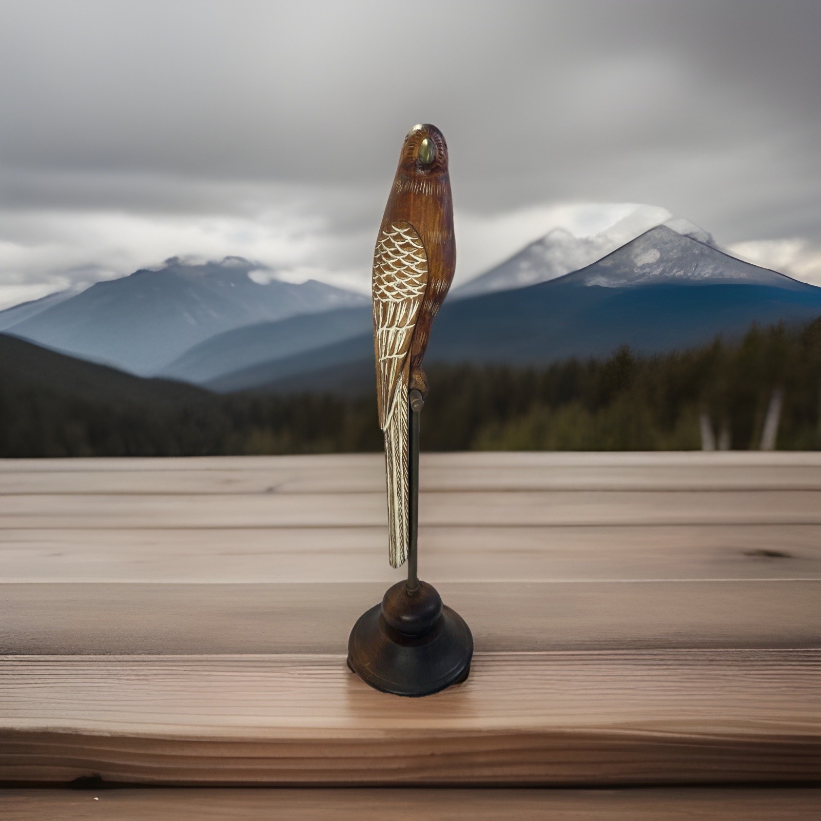 24" Carved Wood And Brass Parrot On Stand And Wood Base