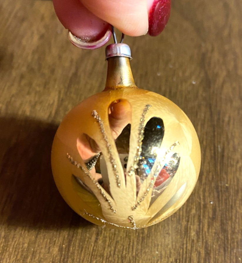 Tiny Gold w Glitter Blown Glass Decorated Christmas Ornament 1 1/4" NOS