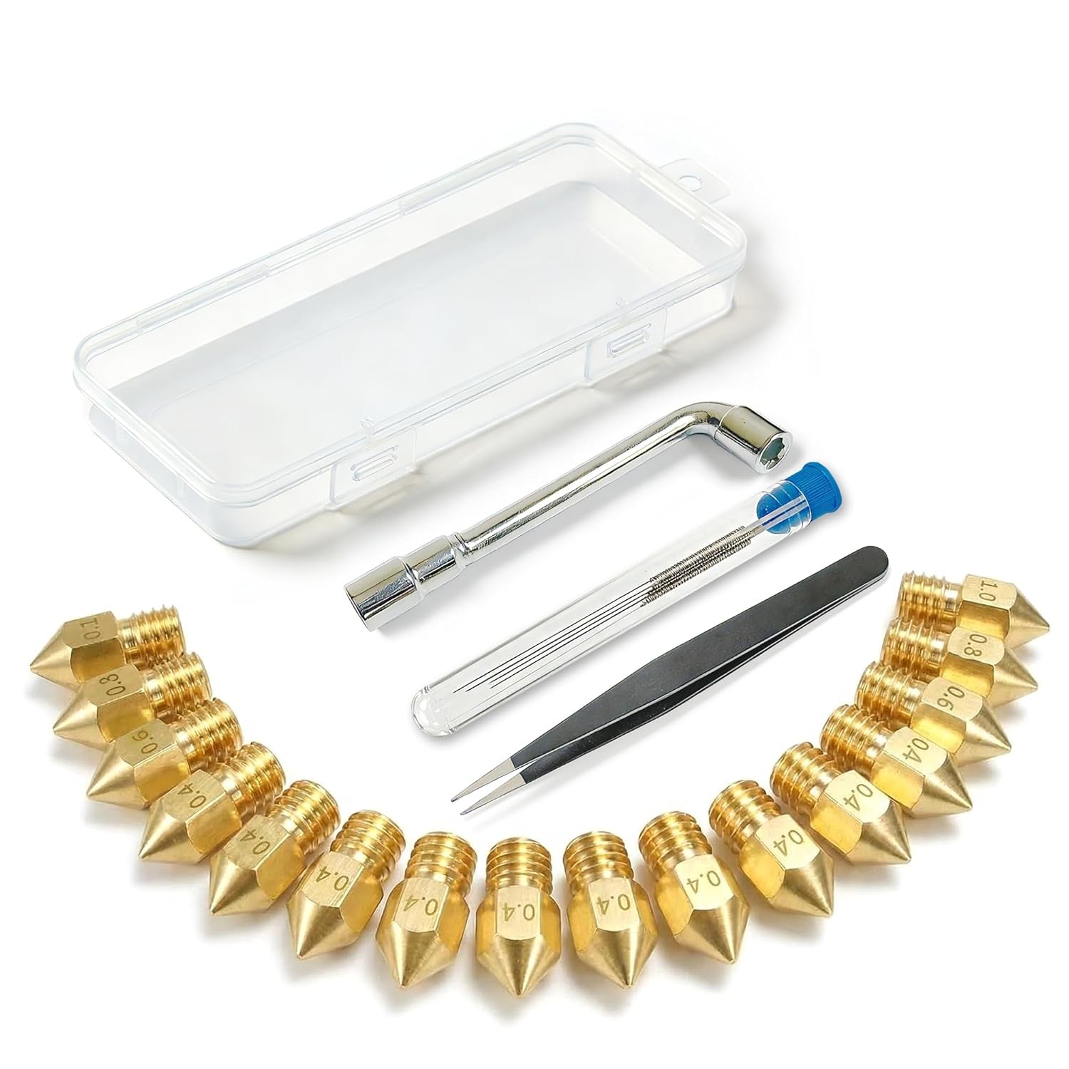 3D Printer Nozzle Kit, 16PCS MK8 Brass Nozzles 0.2/0.4/0.6/0.8/1.0mm with Wrench
