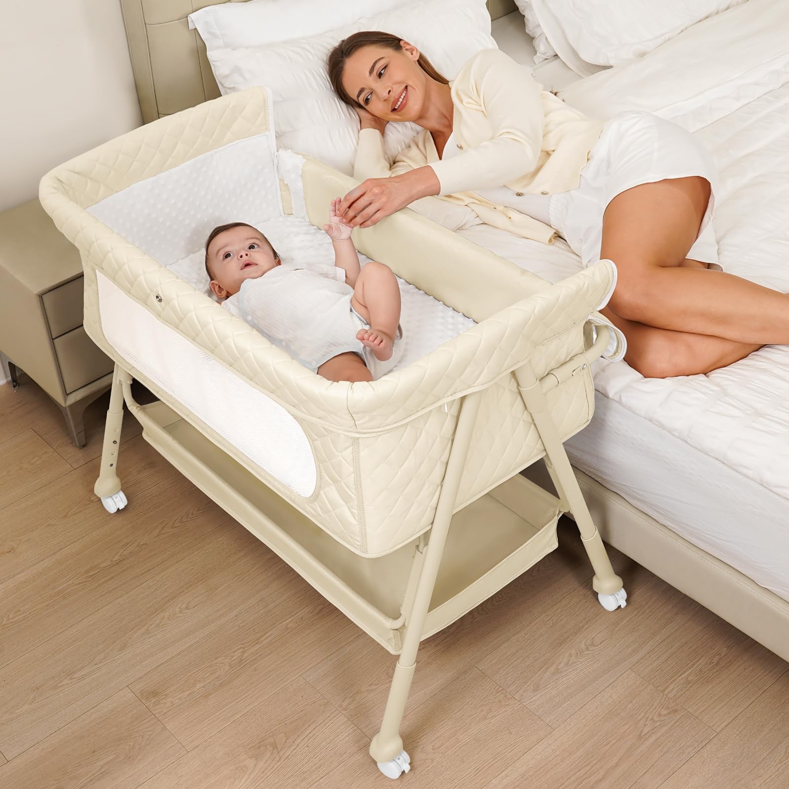 Crib Bedside Sleeper Newborn Breathable Mesh Lockable Wheels Adjustable Height
