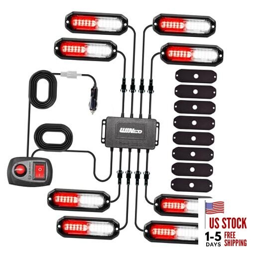  8PCS LED Strobe Lights 12V Sync Feature Red White 12LED Emergency RED WHITE