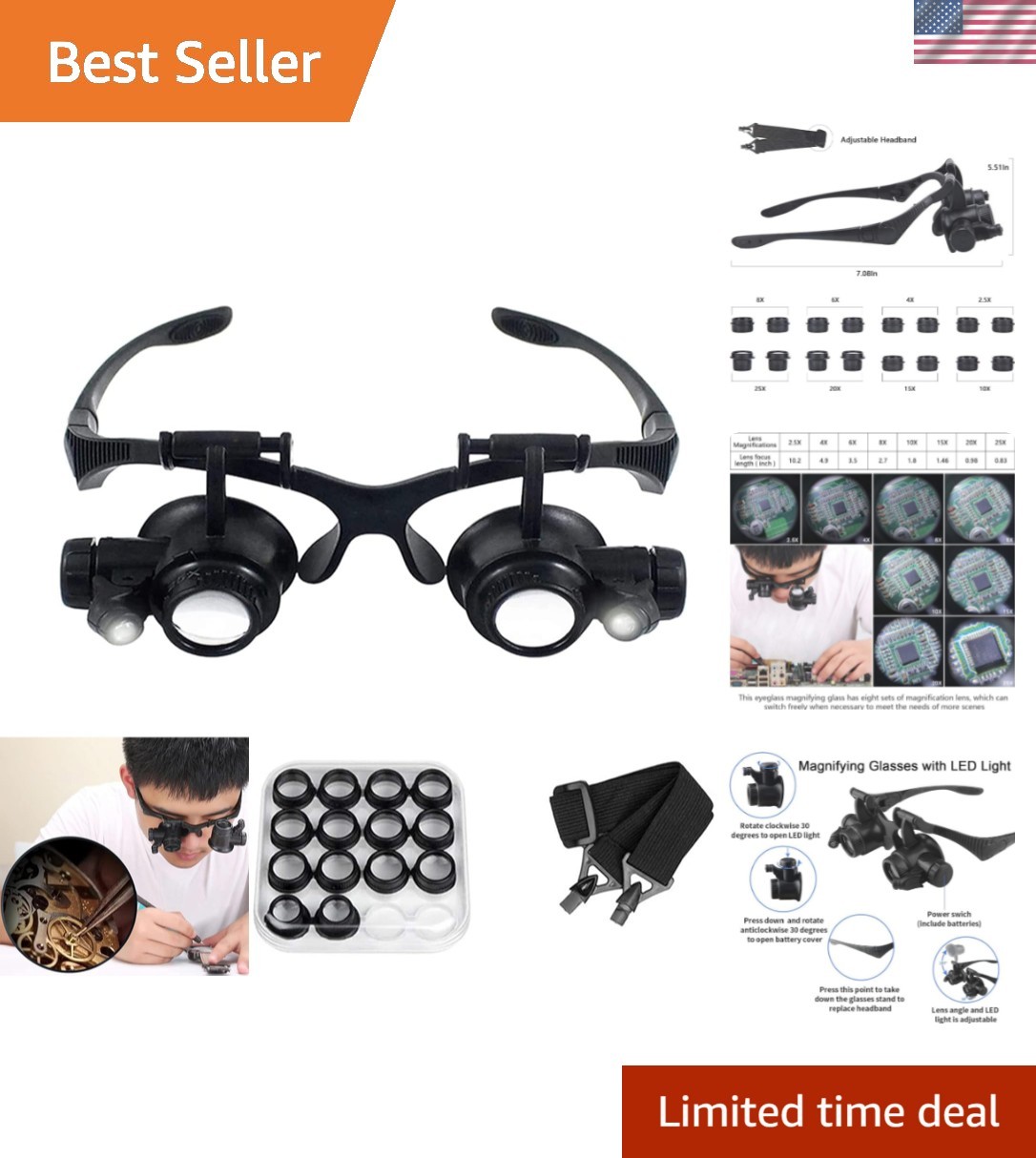 Magnifying Glasses with LED Light, Jeweler Loupe Watch Repair Magnifier with ...