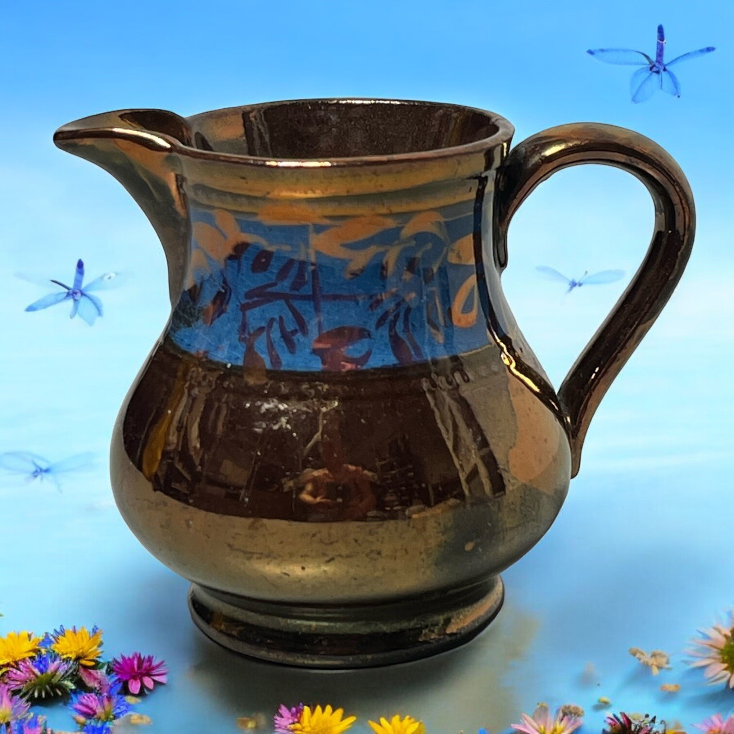 Antique Copper Luster Lustre Jug Pitcher English 19th Century Blue Band 3-1/4"