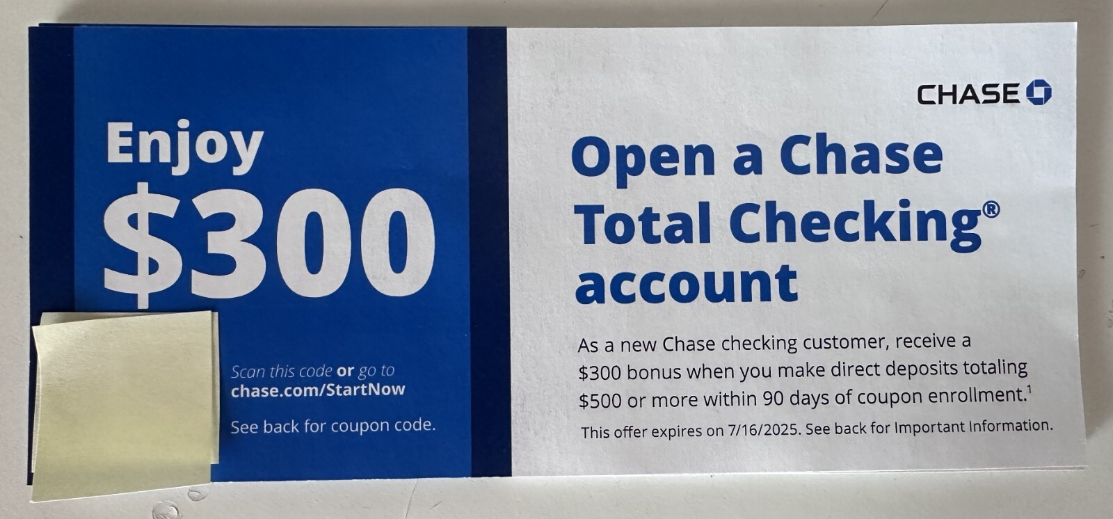 Chase Bank $300 Bonus Total Checking Account Opening Coupon Expires 7/16/2025