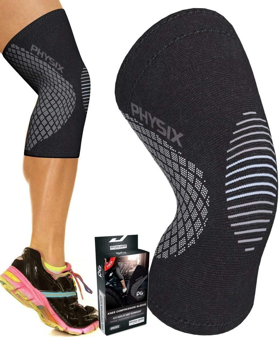 Physix Gear Knee Compression Sleeve for Men & Women - Best M, Black/Grey 