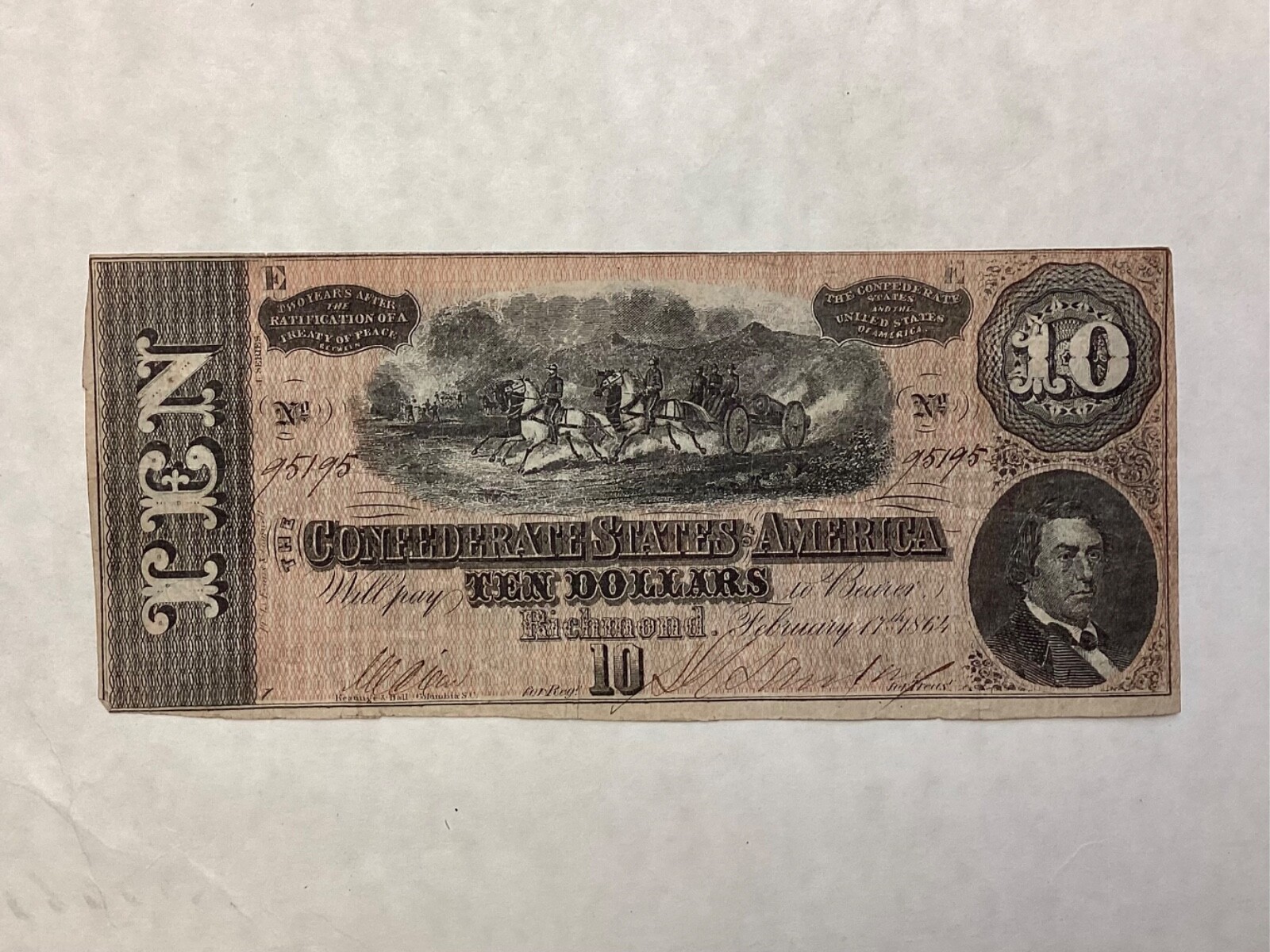 ~1864 Confederate States of America $10 Ten Dollars - Civil War Note