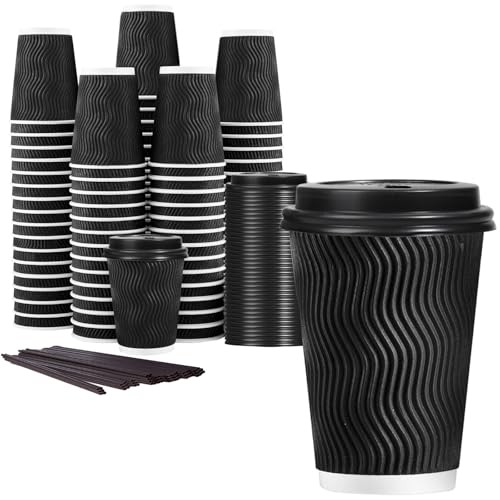  12 oz Disposable Coffee Cups with Lids, 50 Pack Insulated 12oz-50Pack Black