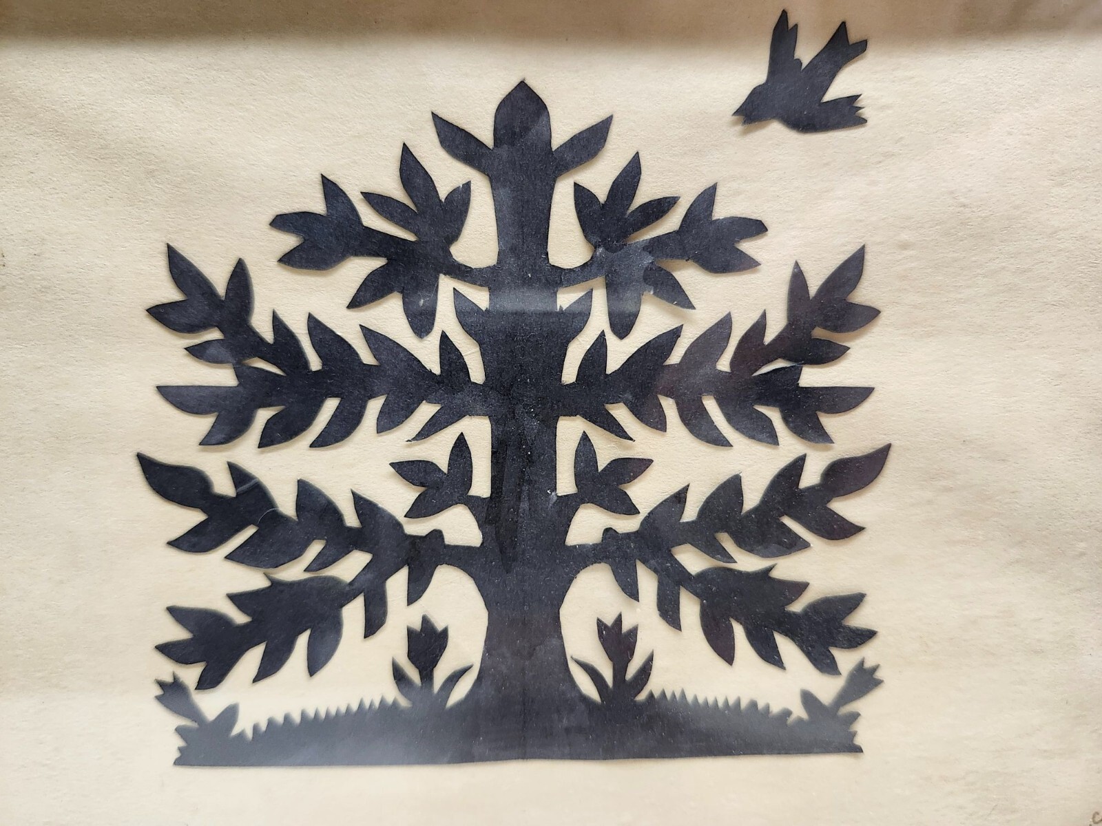 Cut Paper Landscape Artwork Framed 6.5x8" Tree, Bird, Tulips, Wood Frame Vintage