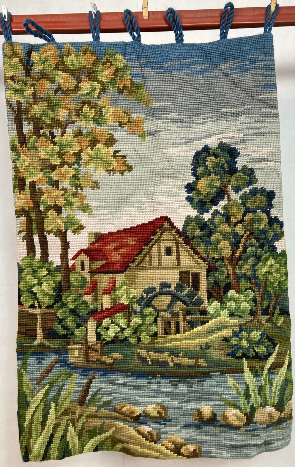 Vintage French Beautiful "Floral Old Mill" Scene Wall Hanging Tapestry 115x77 cm