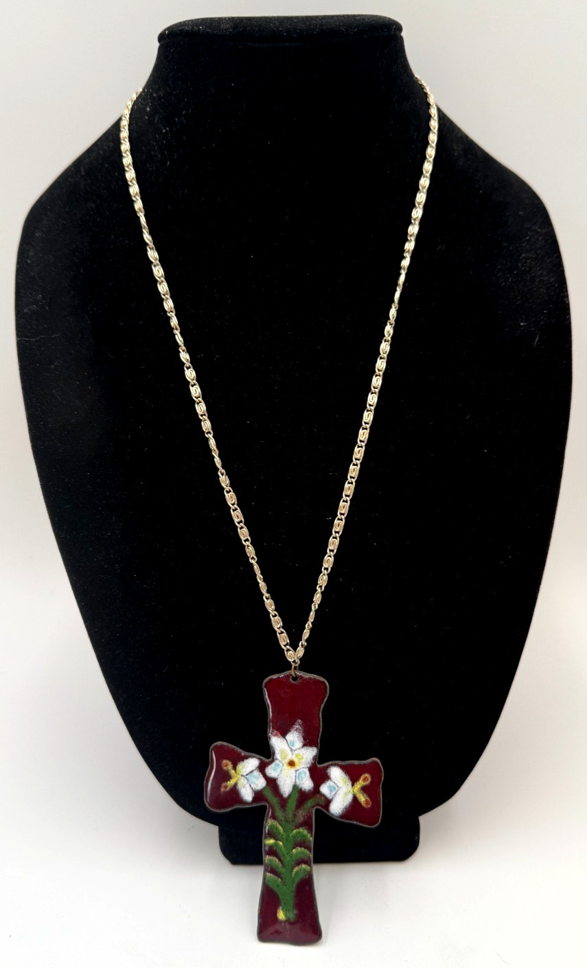 Hand Painted Enamel Cross Pendant Necklace Floral Reversable Artist Signed Large