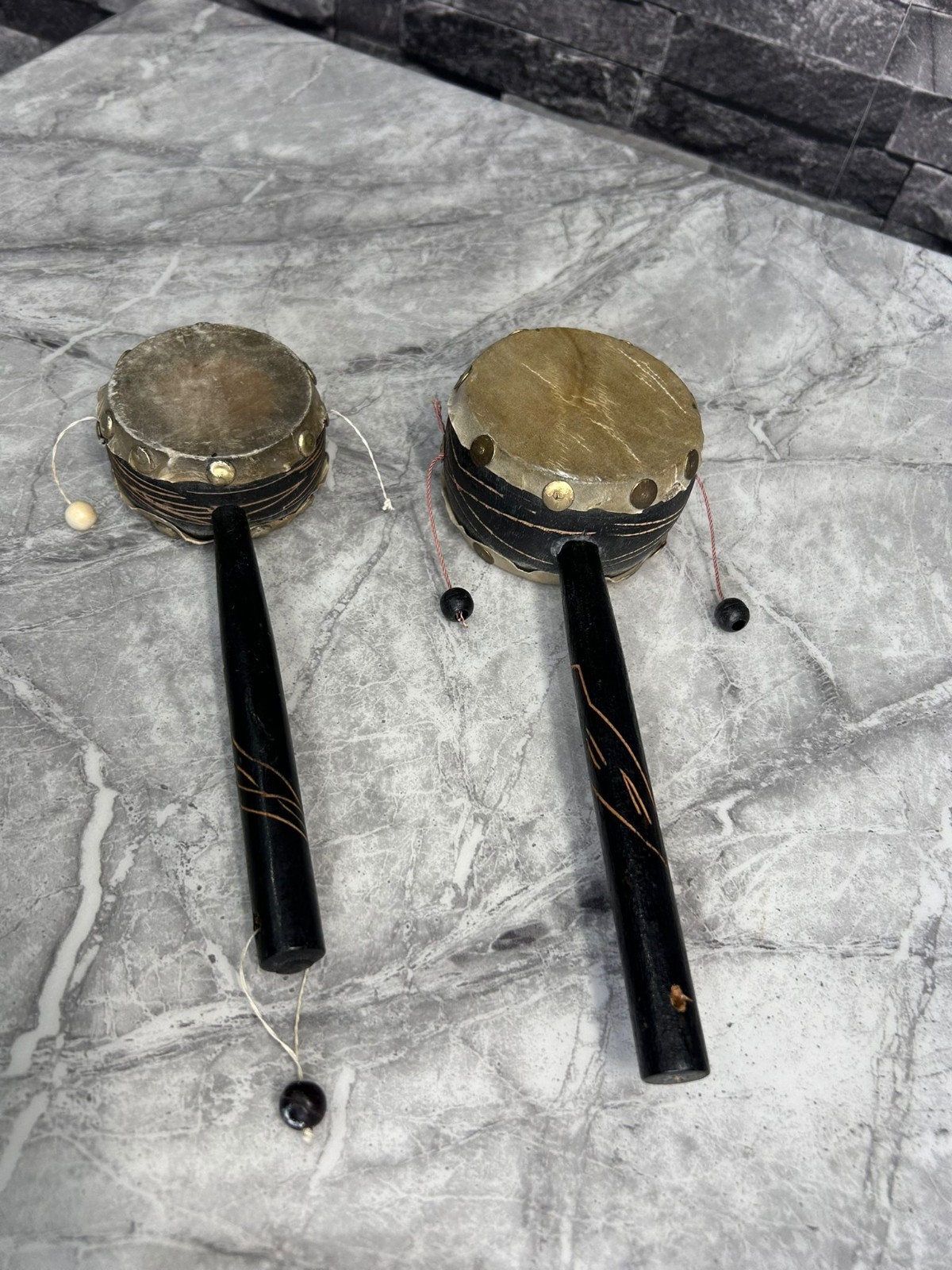 Set of Two Vintage Monkey Twist Drums Antique Handmade, Missing 1 Beed.