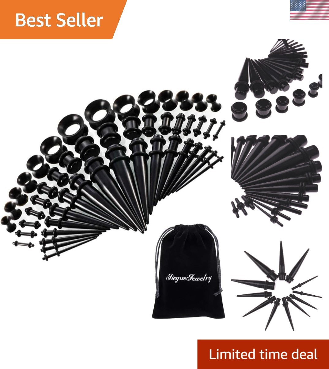 Complete 50-Piece Ear Stretching Kit with Acrylic Tapers, Plugs & Silicone Tu...