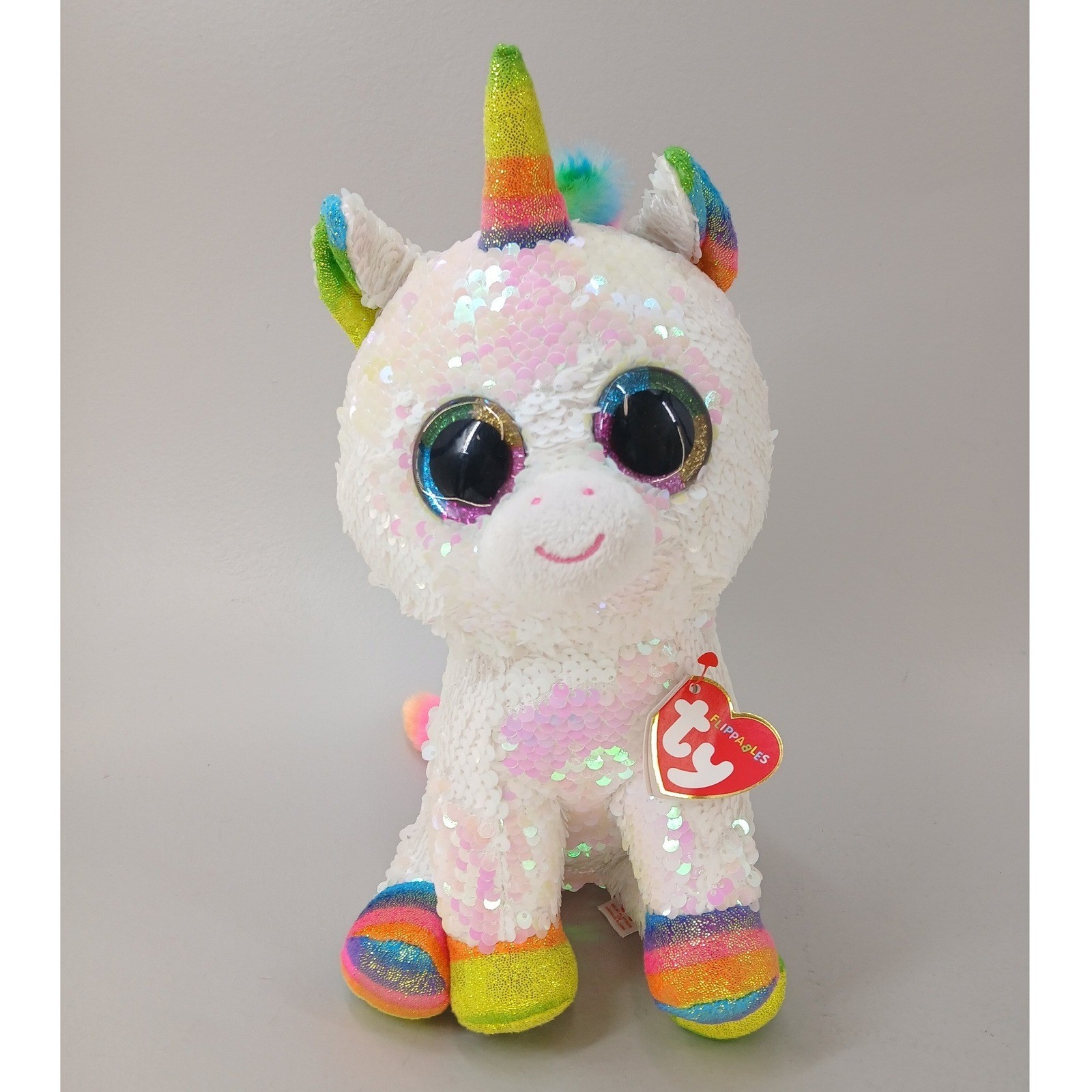 Ty Flippables Pixy Unicorn Plush Medium White Rainbow Reversible Sequin