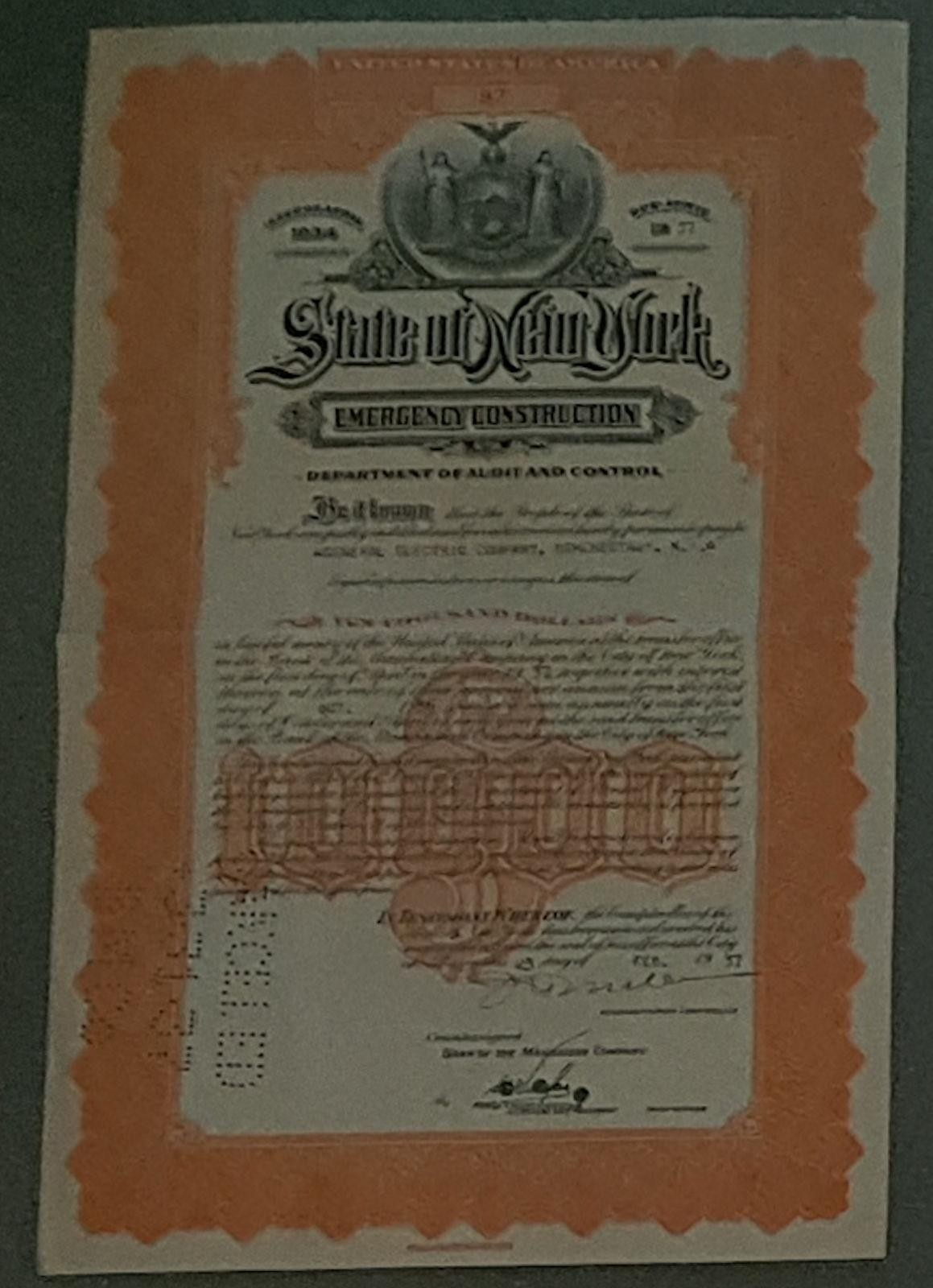 State New York Bond Emergency Construction 04/1934 - 04/1937 3% $10,000