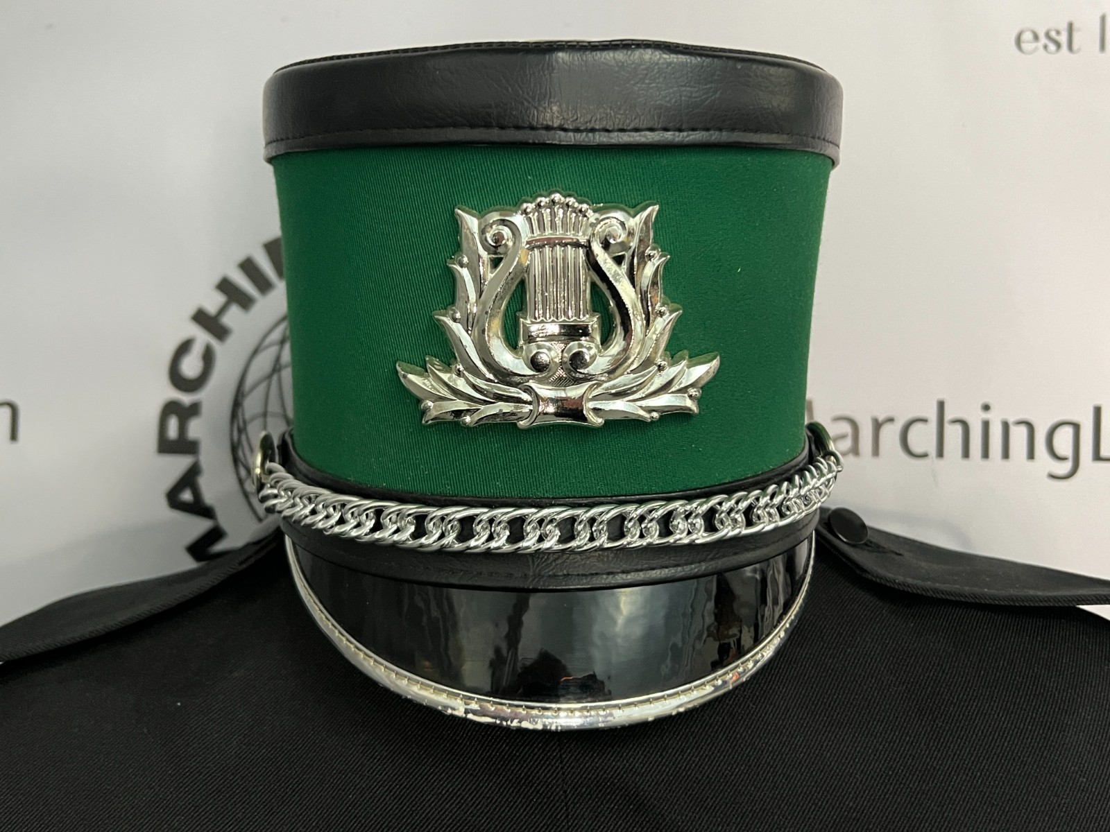 Green, Black and Silver Shako Marching Band Hat Size 7 1/8 (Medium) - Authentic