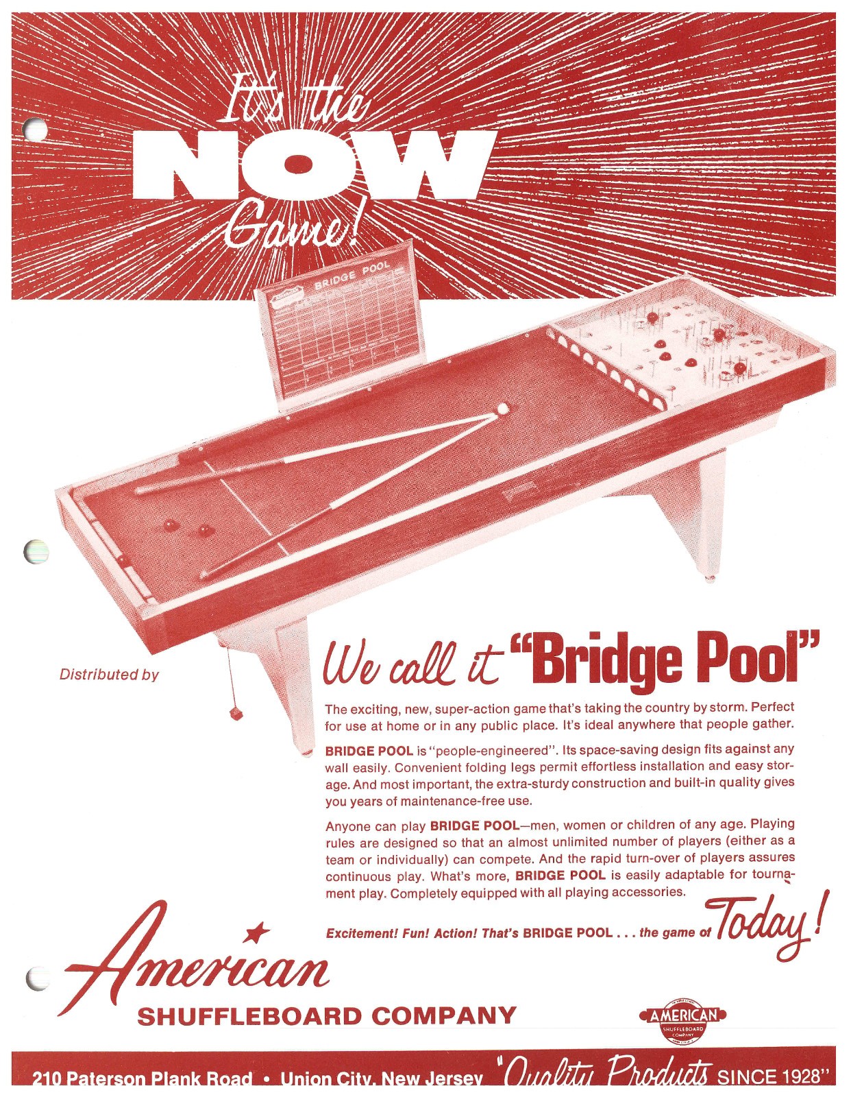 Bridge Pool Table American Shuffleboard Co Arcade Gaming FLYER / Brochure / Ad