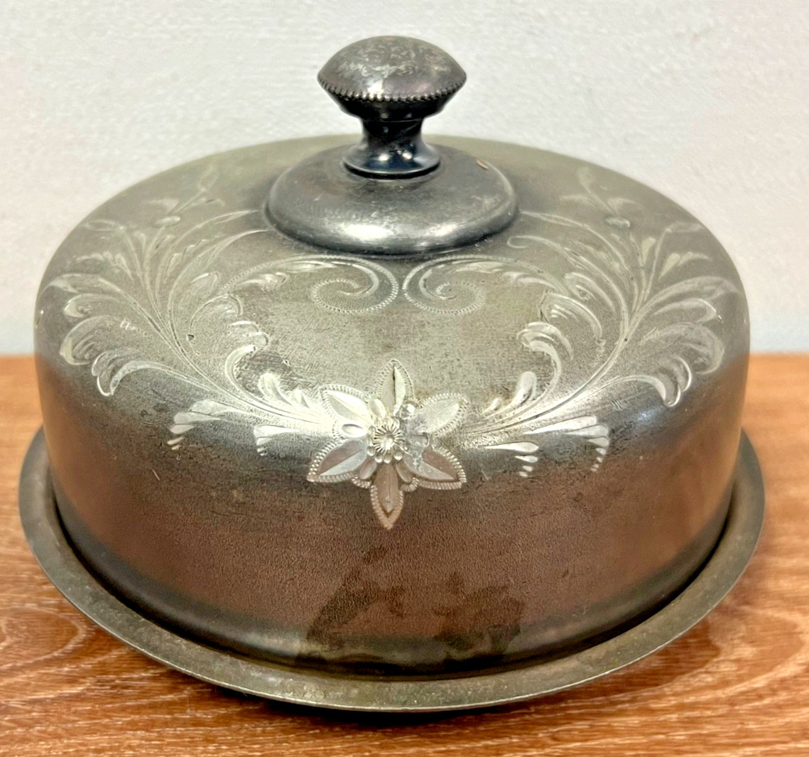 Silvertone Vintage Covered Plate Domed Dish Engraved Floral