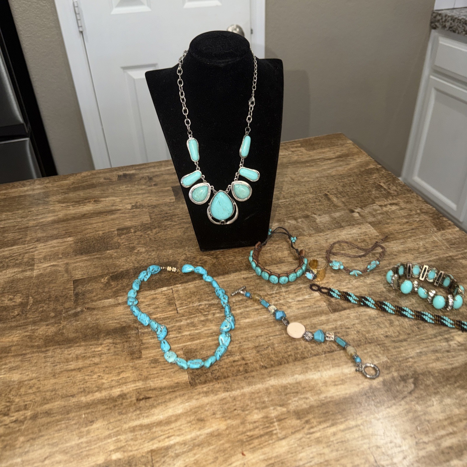 8 Pc Turquoise Tone Jewelry Lot Statement Necklaces Bracelets Boho Southwestern