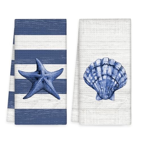 Coastal Starfish Sea Shell Hand Towels Set of 2, Nautical Starfish Seashell