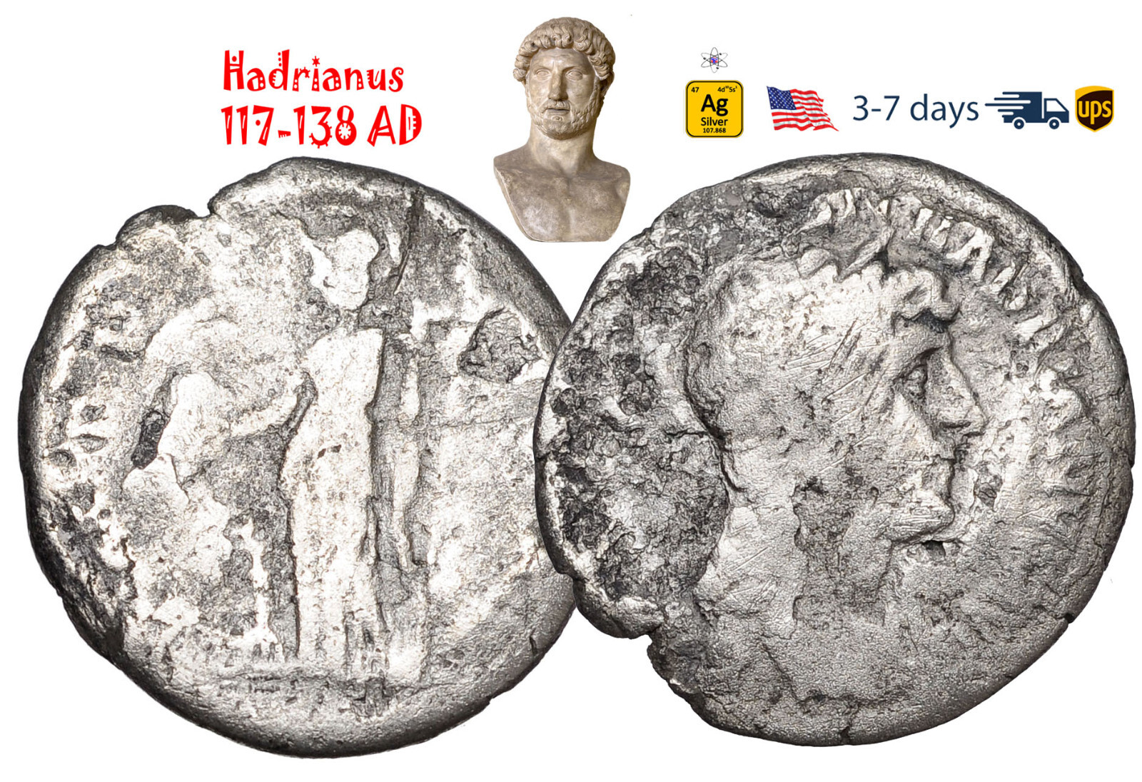 Ancient Roman Empire Coin Silver Denarius Hadrian 117 - 138 AD Authentic #32228