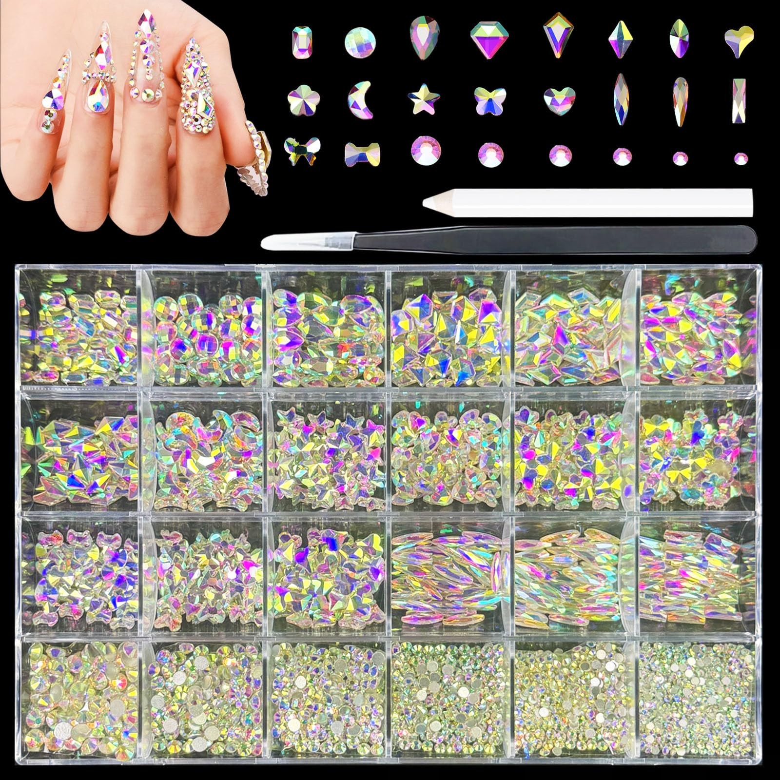 Nail Rhinestones Kit, 18 Types of 900 SpecialShaped Nail AB Diamonds & 3200 F...