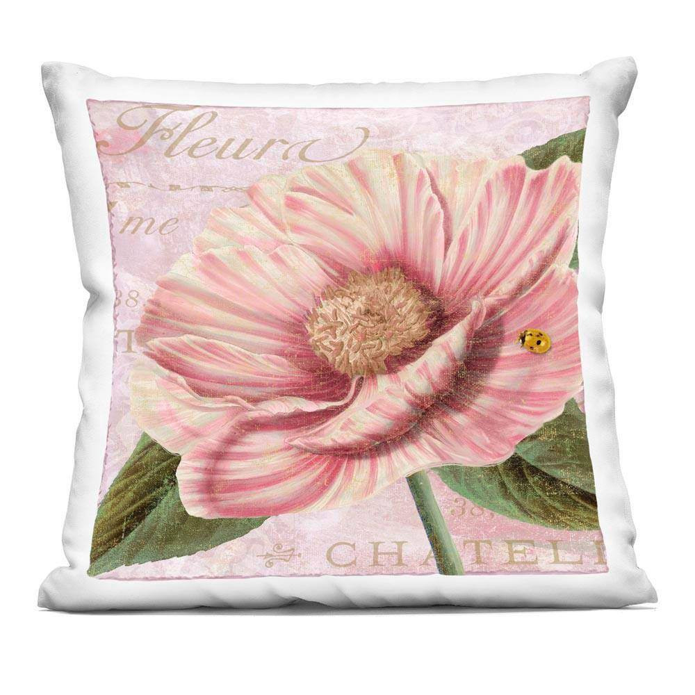 French Flower and Ladybug Pink Abstract Polyester 18 In. X 18 In. Throw Pillow