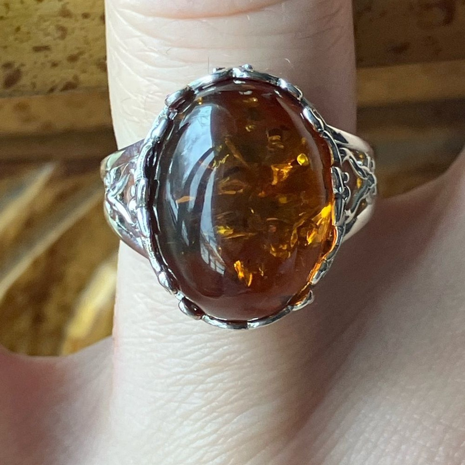 Natural Amber Sterling Silver Ring Size 5.75