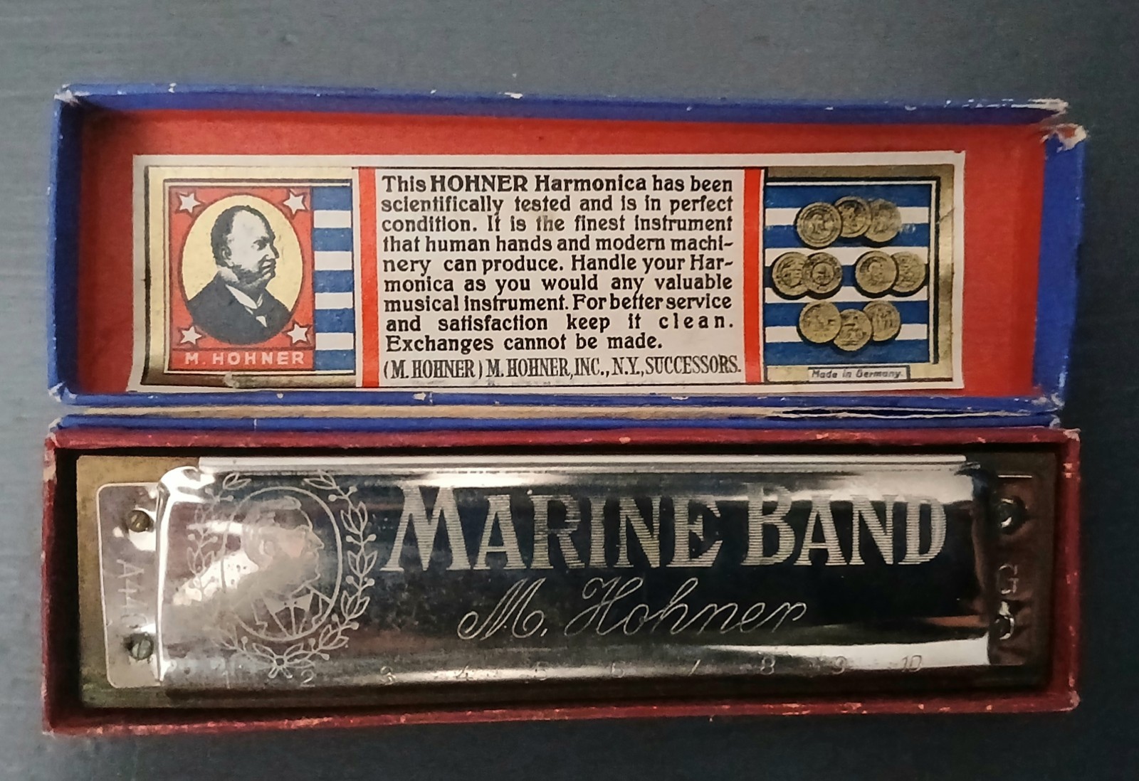 vtg HOHNER Marine Band HARMONICA w/Box no 1896 Germany Key of G pre WWII