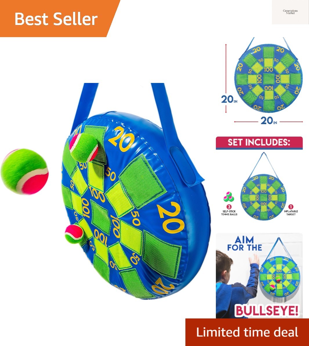 Kids Dart Board - Inflatable Dart Ball Game with 3 Tennis Ball Self-Stick Dar...