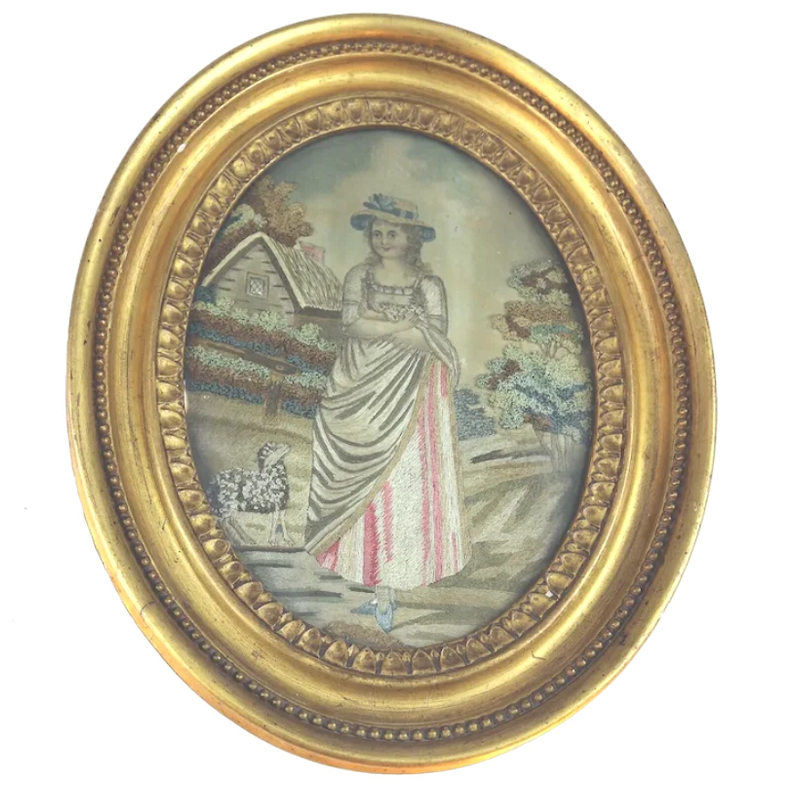 A charming antique Georgian embroidered & watercolour Pastoral Picture C.1800