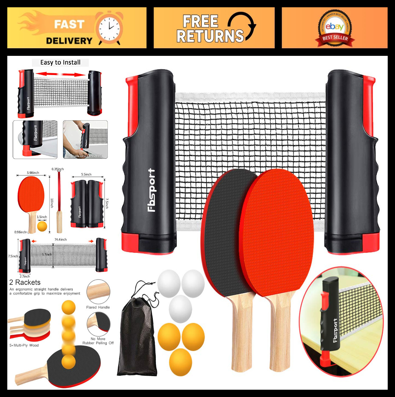 Portable Table Tennis Set with Retractable Net, Rackets, Balls & Carry Bag - Ind
