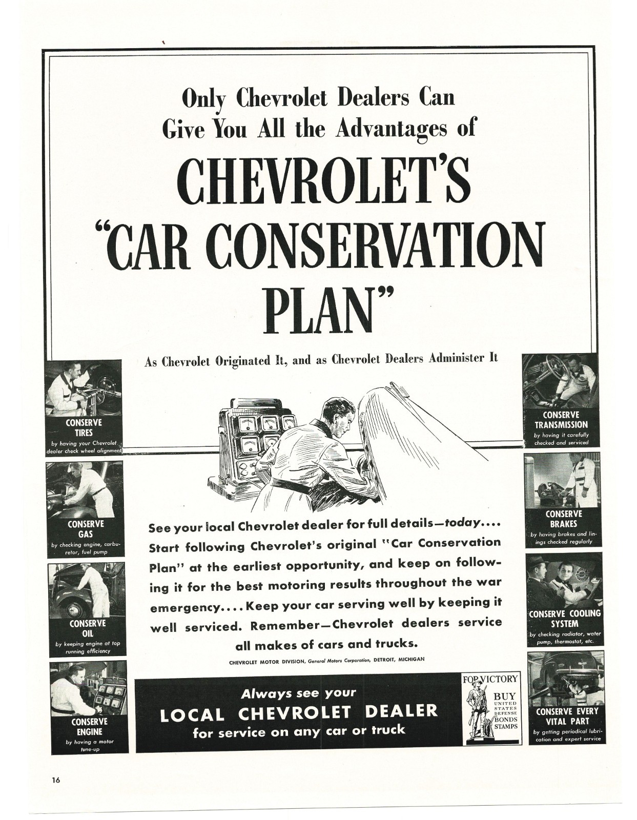 1942 Chevrolet WW2 Car Conservation Plan Vintage Print Ad Home Front War Bonds