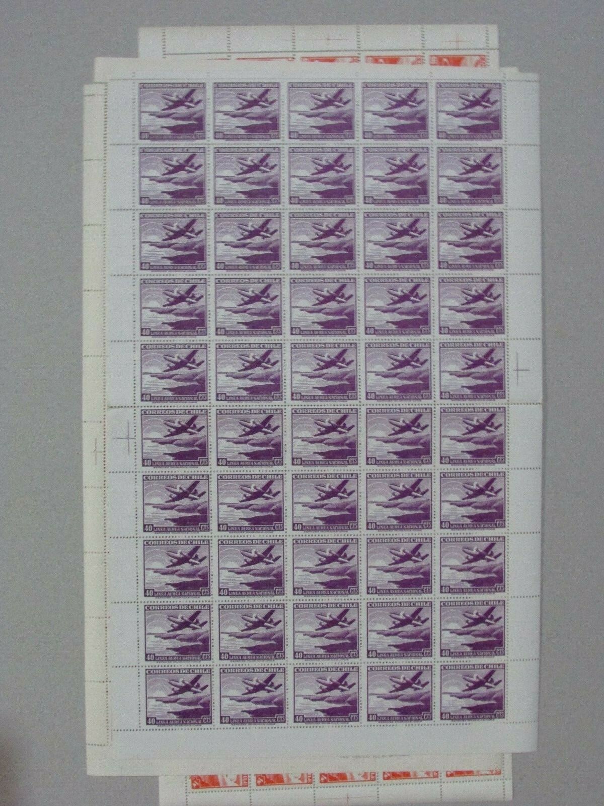 CHILE 1951-55 LAN Airplane 40c violet full sheet MNH NO watermark