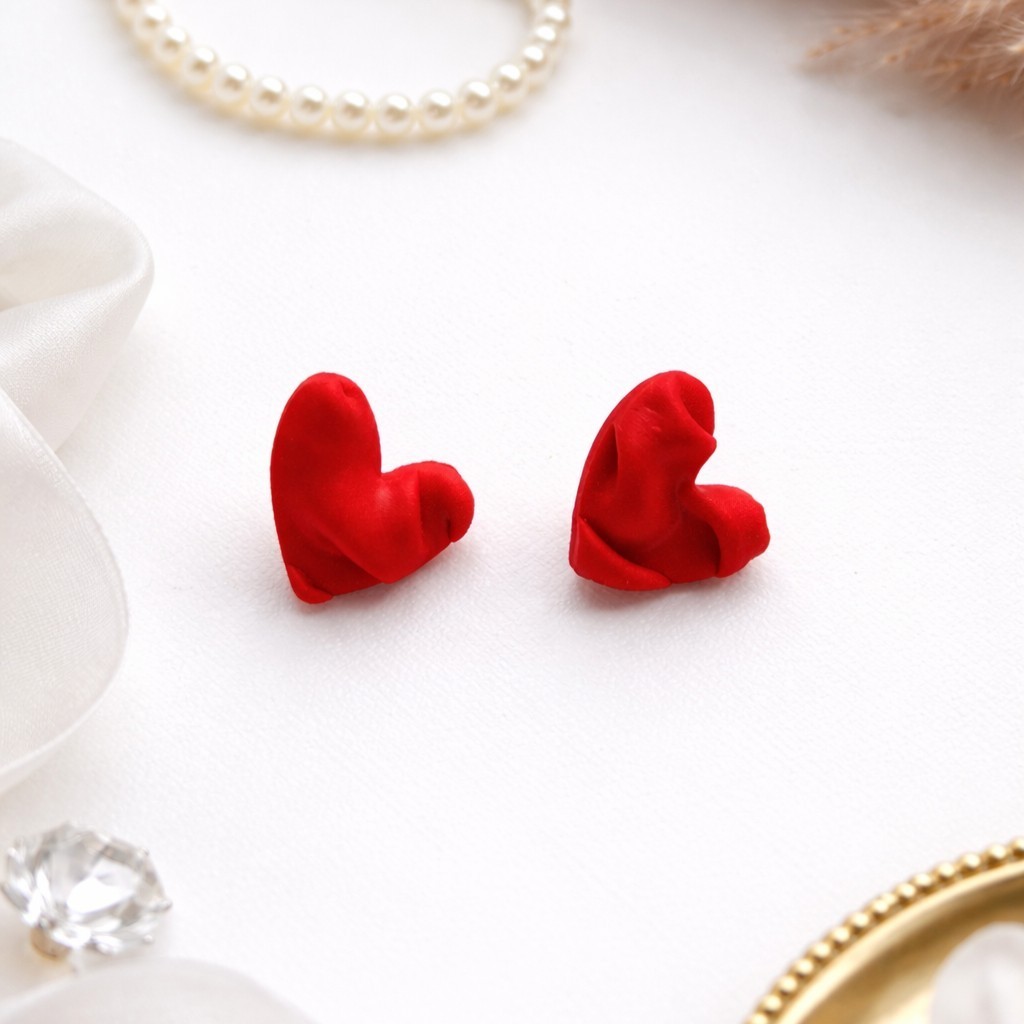 Handmade Red Heart Stud Earrings, Romantic Jewelry