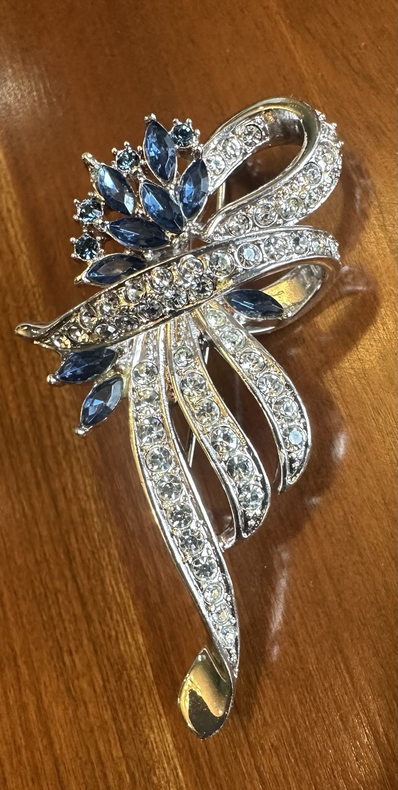 Created Crystal Rhinestone Brooch Pin Medium Blue Silver Flower Vintage Style
