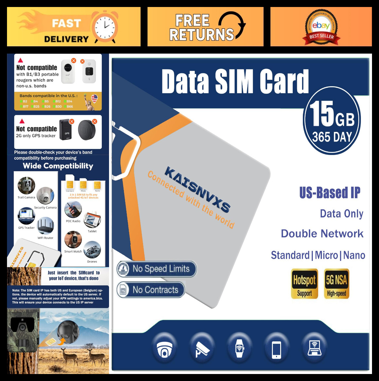 15GB 4G LTE Data SIM Card for Unlocked Security Cameras & Hotspots, No Contract