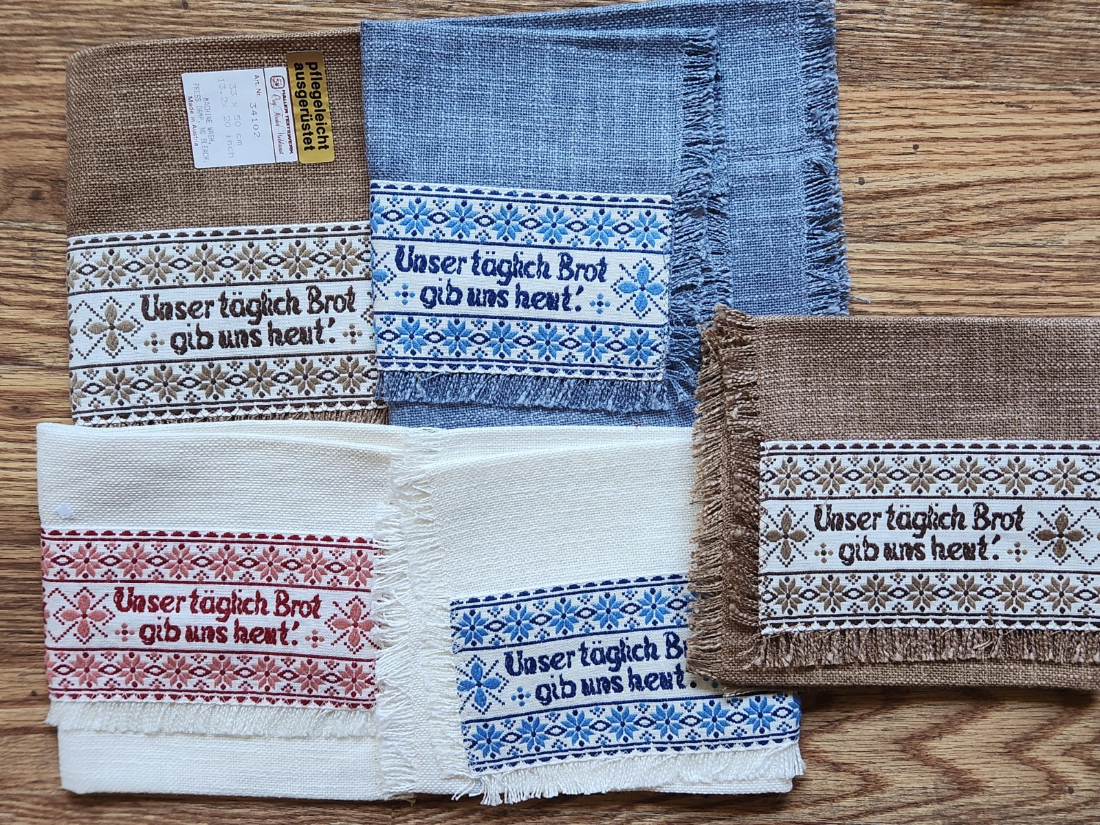 set of 5 vintage woven German placemats made Austria brown and blue Bible verse