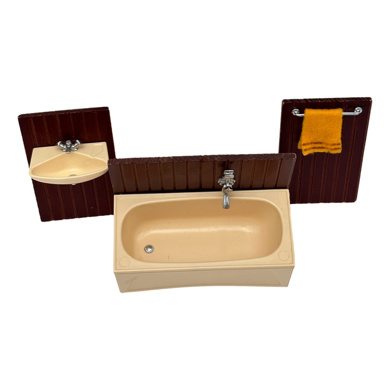Dollhouse Minature Furniture Lot 3 Wood Paneling Bathtub Sink Rack 1960 Vintage