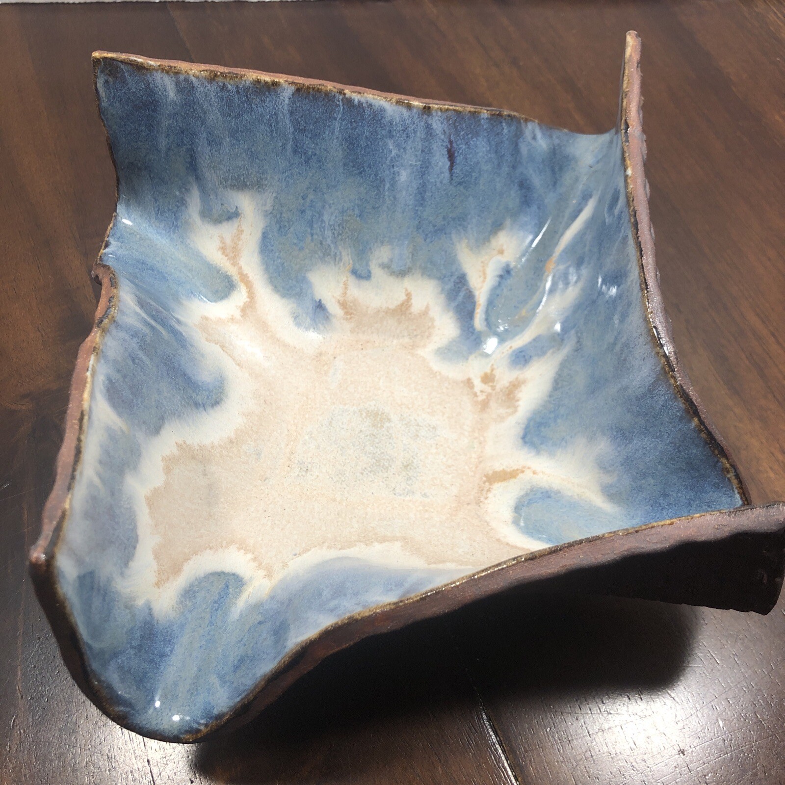 Freeform Pottery Dish Folded Square Drip Effect Mermaid Scales Signed CS