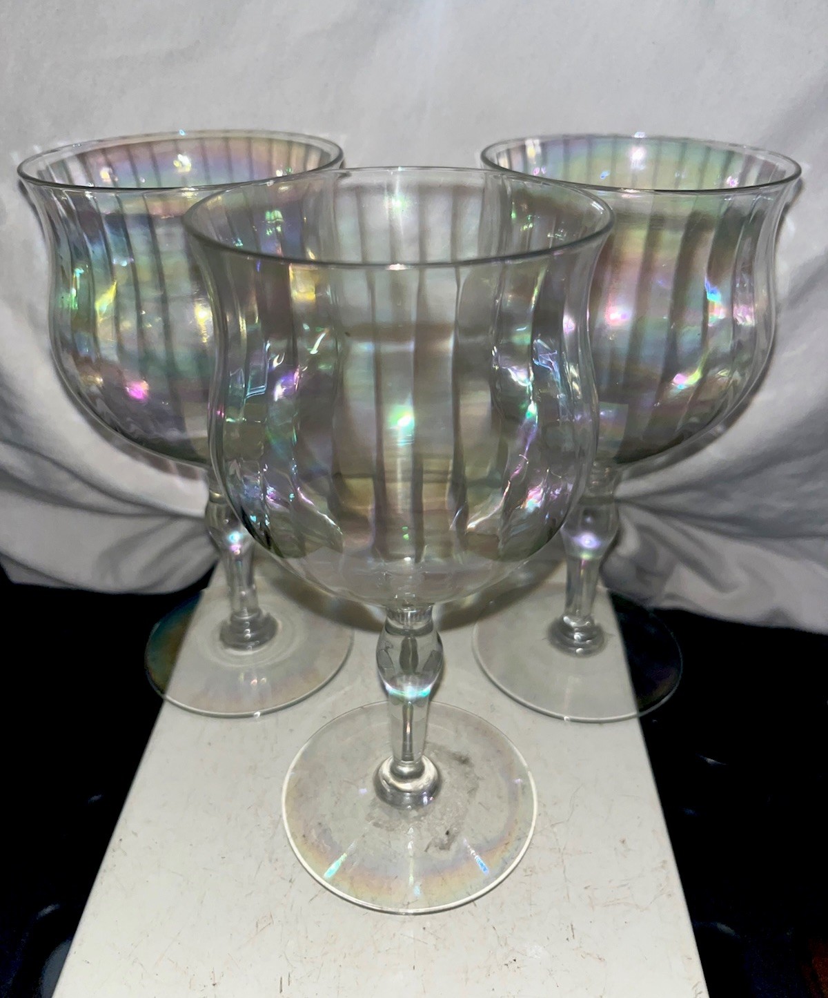 Set Of 3 Vintage Morgantown Iridescent Mid Century Optic Paneled Wine Glasses 