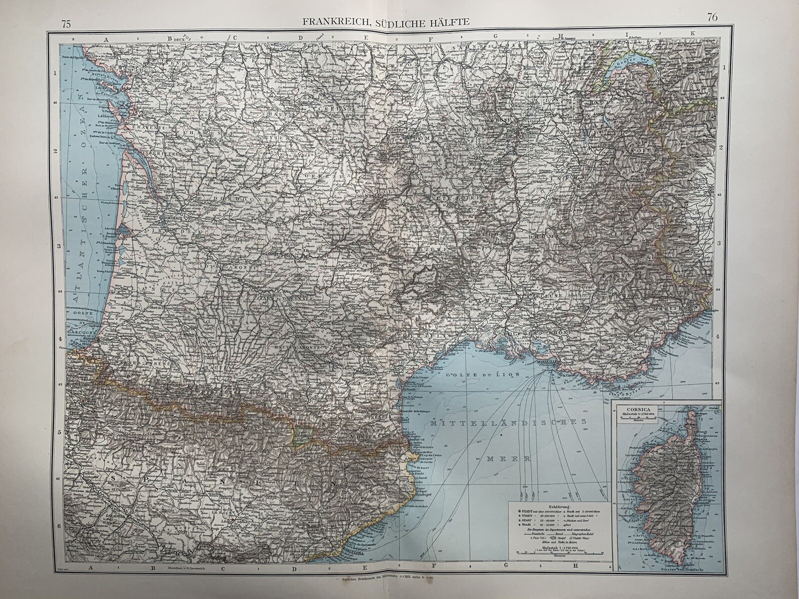 1899 Southern France Original Antique Map by Richard Andree