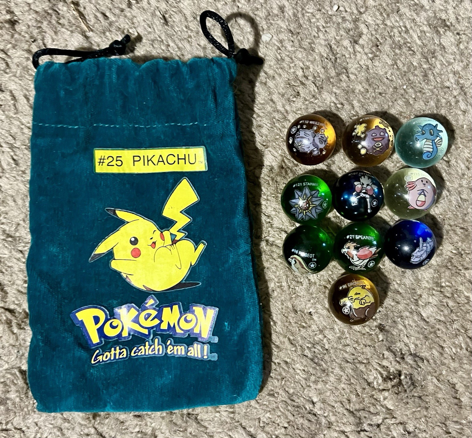 RARE Lot of 10 First 1st Edition Star Pokemon Marbles w Pikachu Bag & Holo