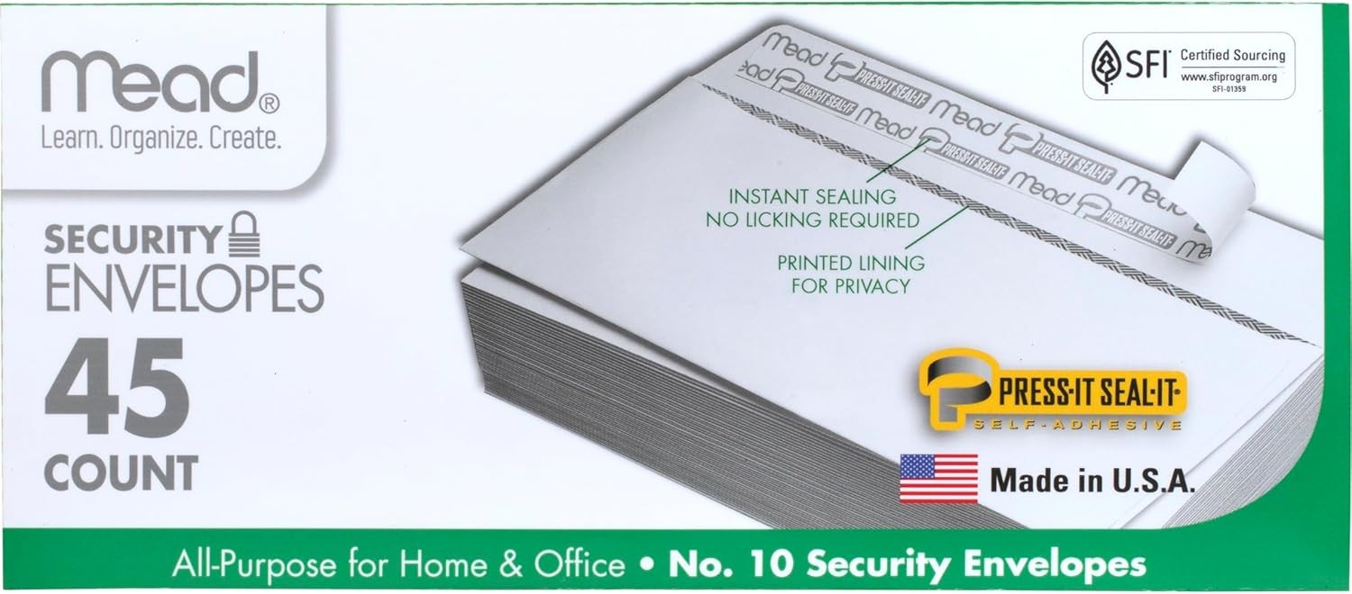 Mead #10 Security Business Envelopes Letter Size 4-1/8" x 9-1/2" – Peel and Se
