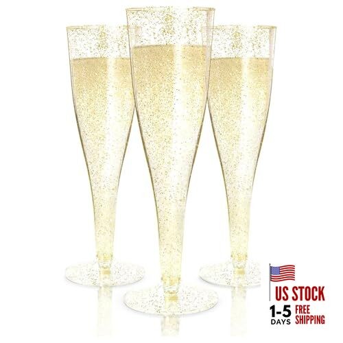  100 Gold Plastic Champagne Flutes - 4.5 oz 100 Count (Pack of 1) Gold Glitter