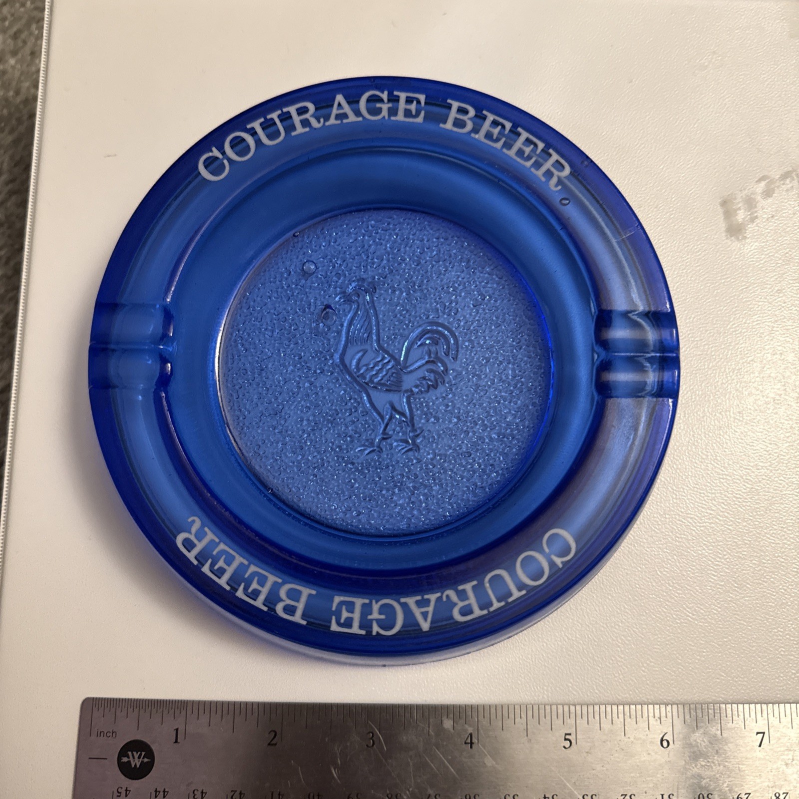Vintage Blue Glass Advertising Ashtray Courage Beer with a Rooster in the Center