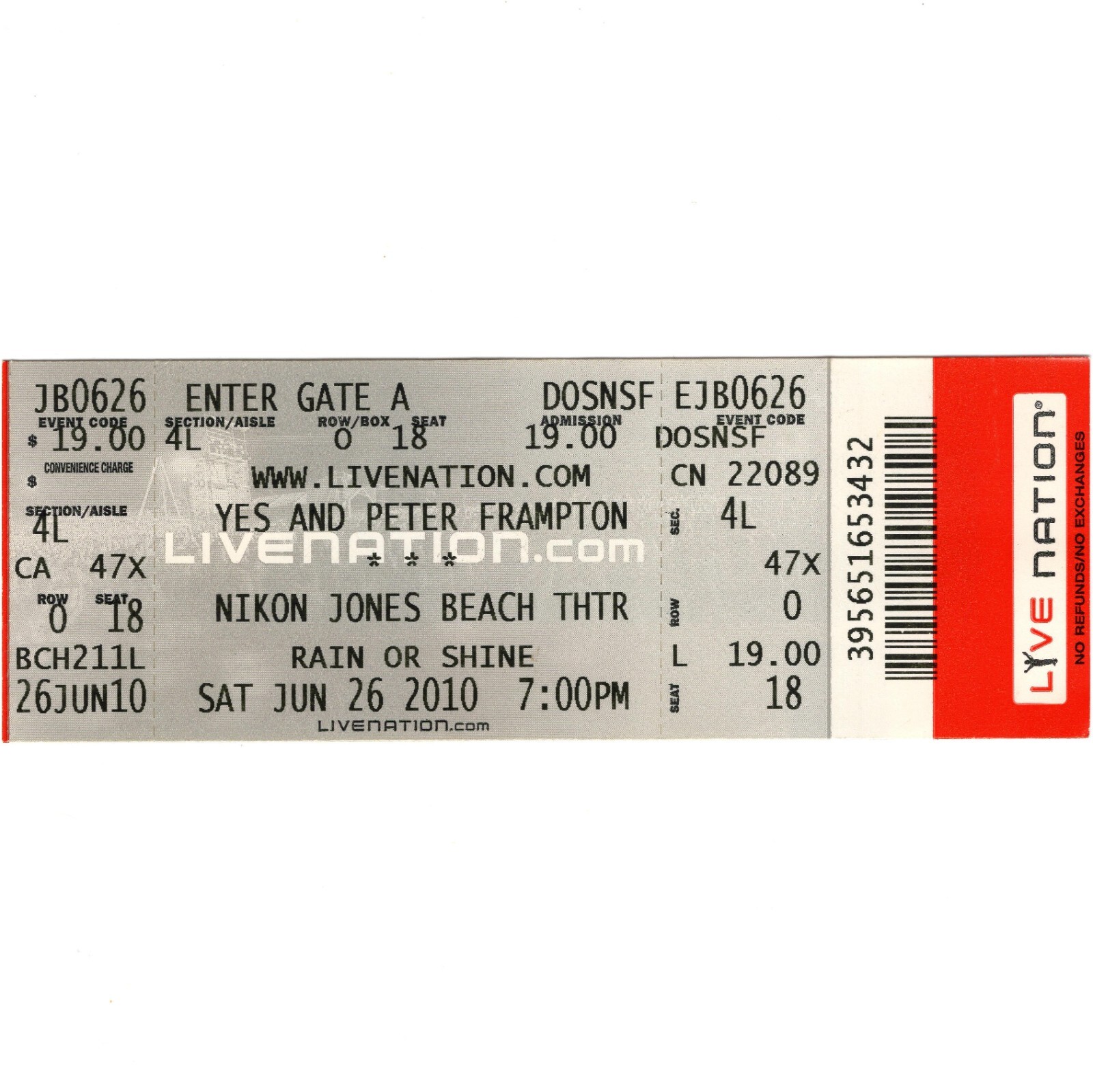 YES & PETER FRAMPTON Concert Ticket Stub WANTAGH NY 6/26/10 JONES BEACH Rare