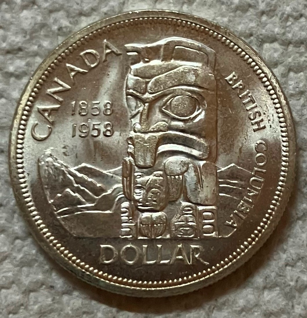 1958 CANADA - $1 DOLLAR - 100 YRS. BRITISH COLUMBIA - .6 Oz BU .800 SILVER CROWN